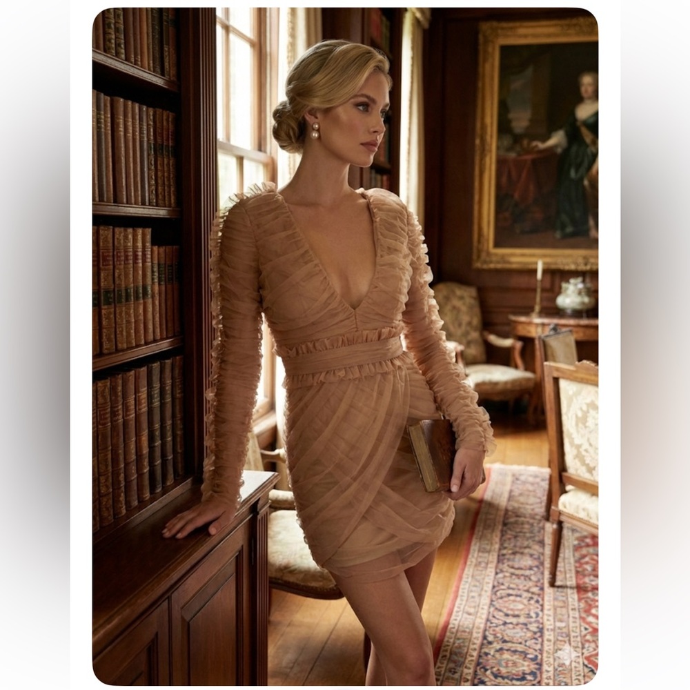 House of CB 'Fleur' Nude Beige Ruched Tulle Long Sleeve Mini Dress Size S